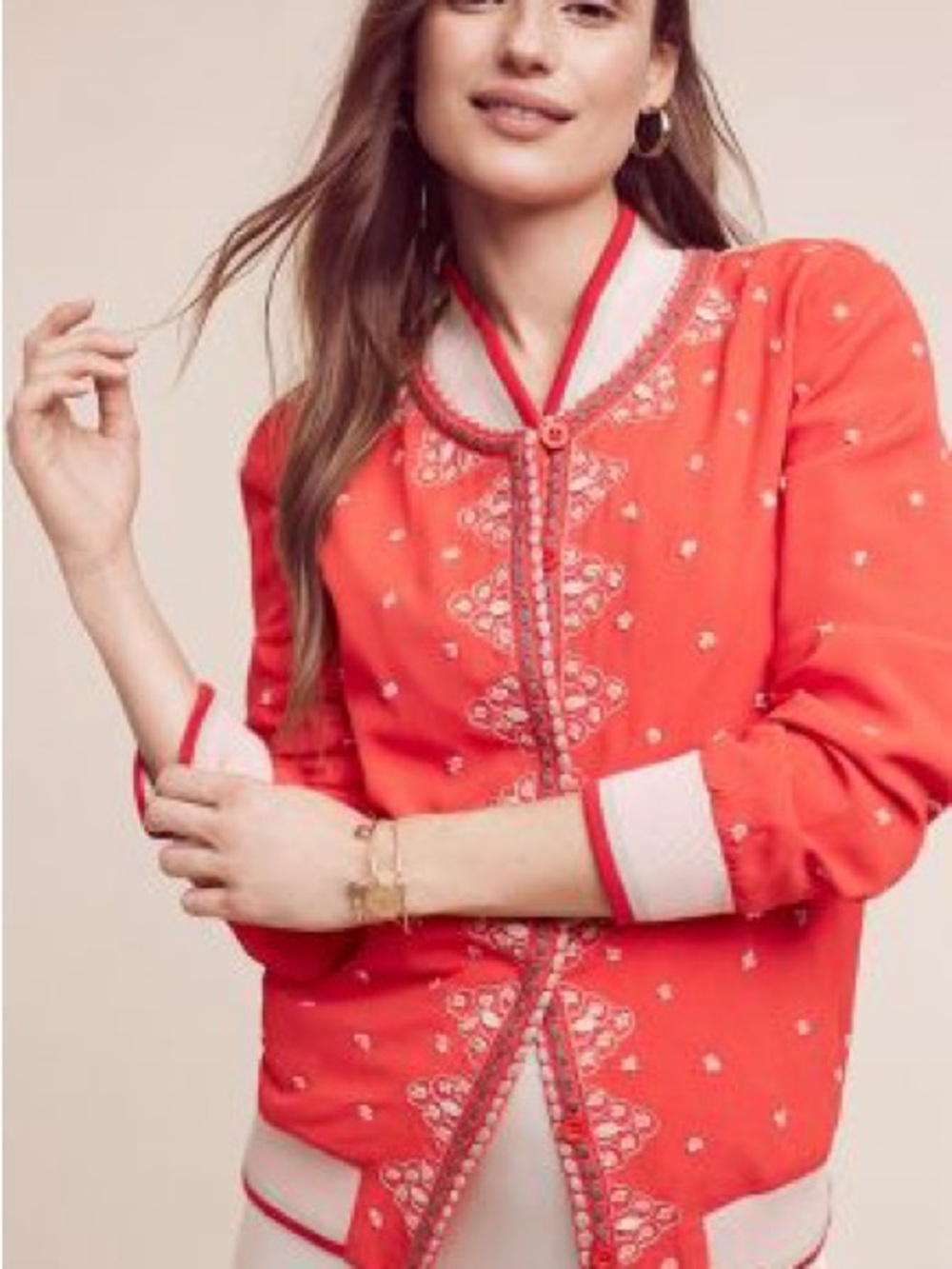 Anthropologie Coral Embroidered Bomber Jacket